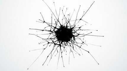 Dynamic black paint splatter with intricate tendrils on a minimalist white background showcasing artistic chaos