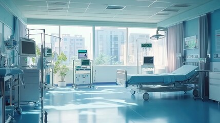 A modern hospital room with medical equipment and beds, representing healthcare and emergency services. 