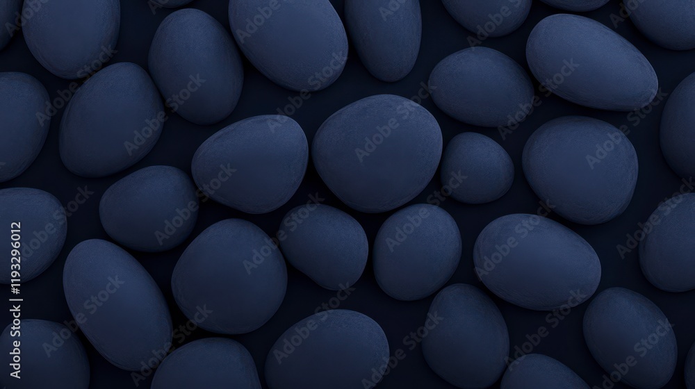 Poster a visually captivating arrangement of smooth, dark pebbles in various sizes on a textured surface, e