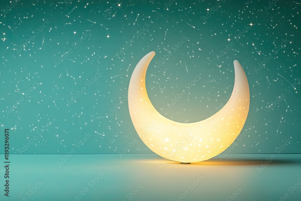 Poster glowing crescent moon lamp placed on smooth teal surface with faint star patterns in background