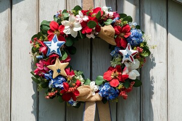 Naklejka premium A festive patriotic wreath with red, white, and blue flowers, ceramic star ornaments, and burlap accents, set against a rustic wooden background, celebrating Independence Day with style and elegance.