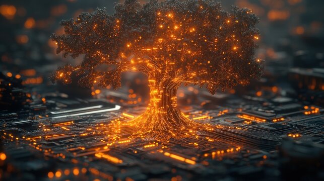 Glowing digital tree on circuit board, futuristic background
