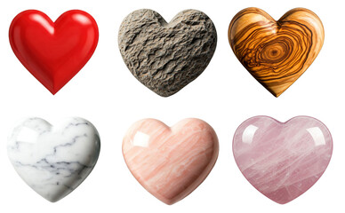 set of hearts with different texture isolated on transparent background