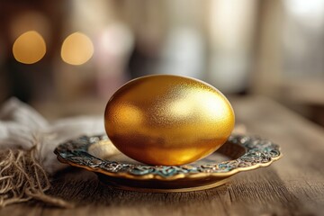 Obraz premium golden egg sitting on decorative plate placed on rustic wooden table
