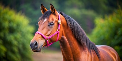 American Bay Trotter Horse Portrait, Pink Halter, Equestrian Stock Photo