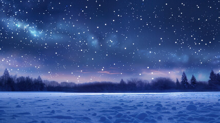 A wide-open snowy field illuminated by a stunning display of Northern Lights in the night sky, creating a magical winter atmosphere.
