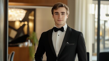 Fototapeta premium A confident young man in a sharp black suit and bow tie stands poised in a modern interior, exuding sophistication and style.