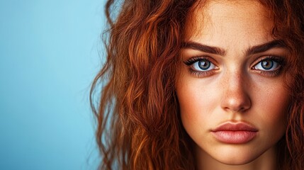 Naklejka premium Close-up portrait of a young woman with curly red hair and striking blue eyes against a soft blue background