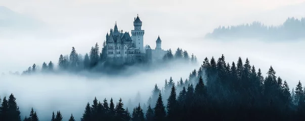 Aerial exploration of a gothic castle in enchanted landscape