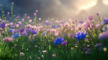 Fototapeta premium Vibrant Field of Colorful Blooming Flowers Under Soft Sunlight