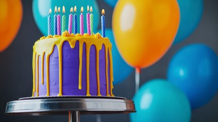 A vibrant birthday cake adorned with colorful candles and bright balloons in the background for joyful celebrations