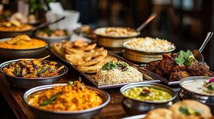 Obraz premium A variety of Indian dishes being served at an event, showcasing the diversity and richness in your wedding celebration food items