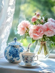 Tea set with flowers by the window