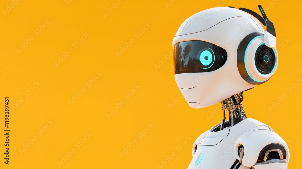Poster a friendly humanoid robot with a sleek design and glowing elements against a vibrant yellow backgrou
