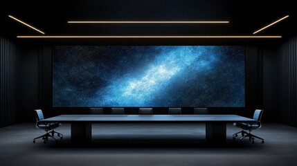 Futuristic conference room with a stunning cosmic display, designed for collaboration and innovation in the corporate world