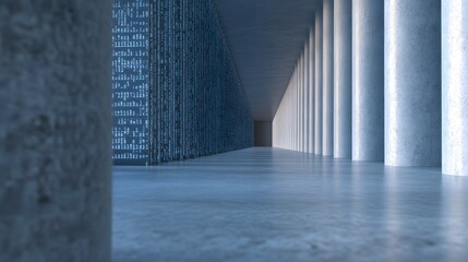 Obraz premium A futuristic corridor with tall concrete columns and a shimmering wall of data, creating an immersive and high-tech atmosphere.