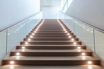 minimalist staircase with sleek wooden steps and glass balustrade illuminated by soft recessed lighting