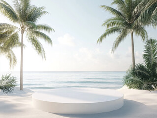 Fototapeta premium A serene beach scene with trees framing a circular white platform, surrounded by sand and tropical plants, with the ocean in the background.