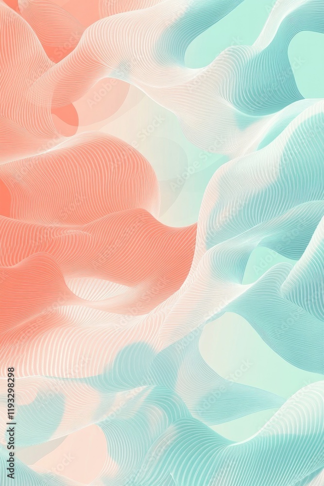 Poster pastel-toned abstract wave pattern with flowing shapes and soft gradients in coral and mint