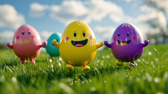 Cheerful animated Easter eggs characters in vibrant colors play and dance in a lush green grass under a bright blue sky during spring celebrations