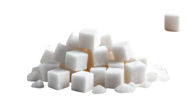 white granulated sugar and refined sugar cubes, hanging out in the kitchen on a bright white surface