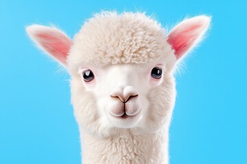 Obraz premium A cute, fluffy alpaca with big eyes stands against a bright blue background, exuding charm and playfulness.