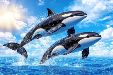 Obraz premium Two orcas leap gracefully from the ocean, splashing water against a vibrant blue sky, showcasing their power and beauty in a stunning marine landscape.