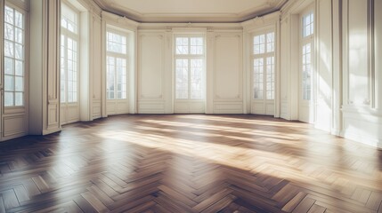 An elegant herringbone hardwood floor gleams in a spacious room, bathed in soft natural light streaming through large windows.