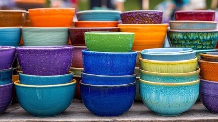 Colorful ceramic bowls stacked and arranged at a vibrant outdoor market showcasing artisanal pottery craftsmanship