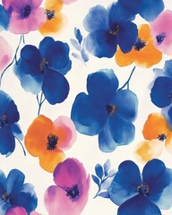 Vibrant floral pattern in blue and orange hues.