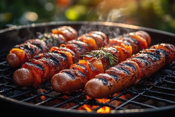 close-up shot of sizzling hot dogs grilling on a barbecue at a lively summer gathering, capturing the essence of outdoor fun, food, and community