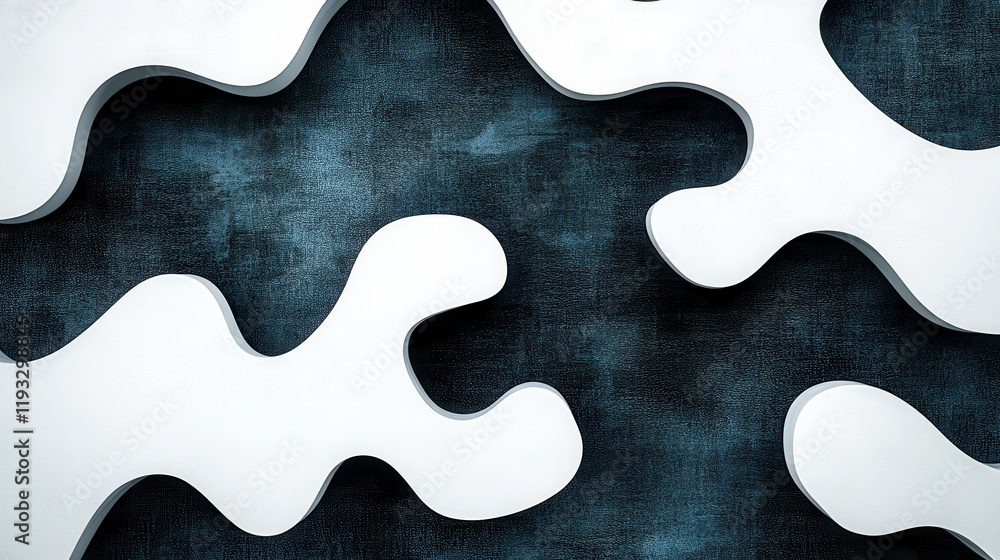 Poster abstract puzzle-like shapes in white contrasting against a textured dark background creating a moder