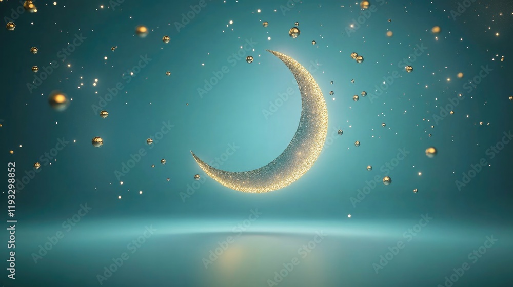 Poster reflective crescent moon surrounded by floating golden lights on smooth teal background