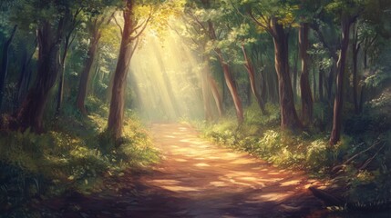 Fototapeta premium Serene Sunlit Pathway Through Lush Green Forest Landscape