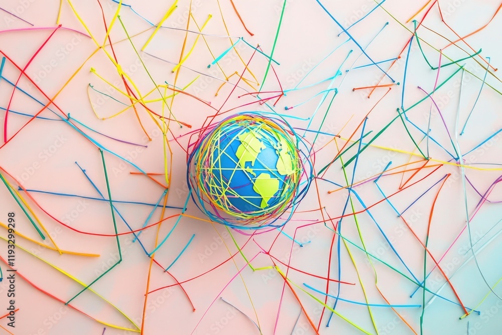 Poster simple depiction of globe surrounded by interconnected lines in diverse colors placed on matte paste