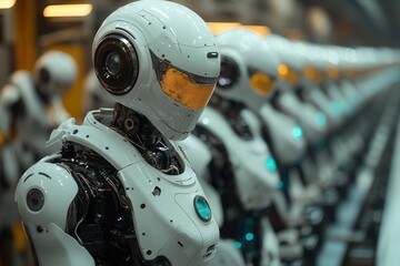 Advanced humanoid robots lined up in a futuristic facility during assembly process