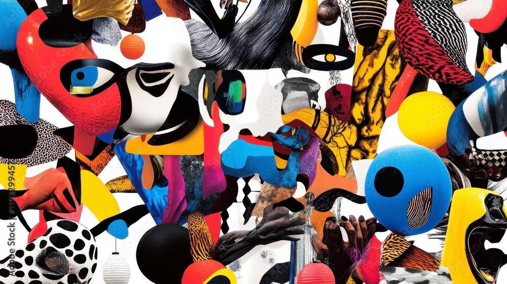 Poster a vibrant and intricate collage of abstract shapes, forms, and textures creating a lively visual com