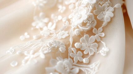 Intricate floral lace and beadwork on delicate bridal gown fabric