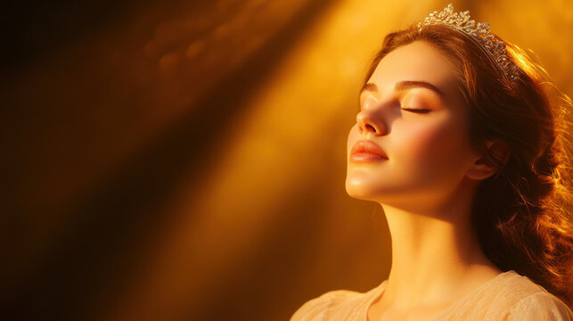 Graceful Caucasian young woman in golden light wearing a tiara and serene expression