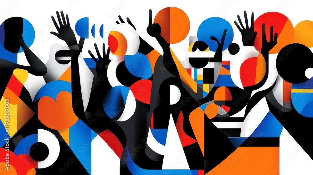Poster abstract colorful representation of diverse people celebrating joyfully with raised hands and vibran