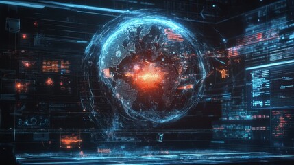 Futuristic Digital World Map Analyzing Cyber Threats