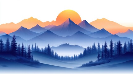Obraz premium Majestic Mountains at Sunrise with Vibrant Orange Sun and Serene Blue Landscape, Capturing Tranquility and Natural Beauty in a Stunning Natural Setting