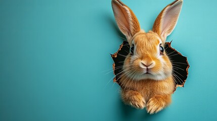 Obraz premium Adorable Orange Bunny Peeking Through Hole in Teal pet fun cute card 