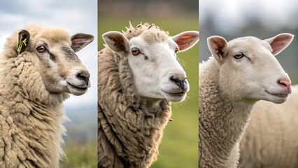 Set of sheep portraits on transparent background. Domestic and wild animal concept