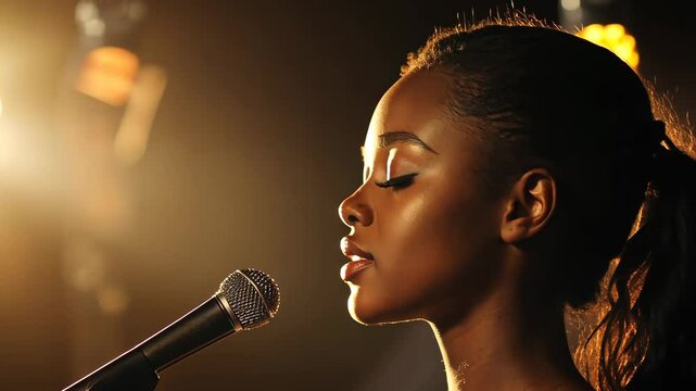 Captivating Portrait of a Young Woman Singing in a Warm, Intimate Setting with Spotlight