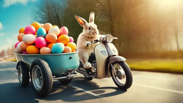 A cute rabbit rides a scooter with a sidecar filled with vibrant Easter eggs, bringing festive cheer on a sunny spring day