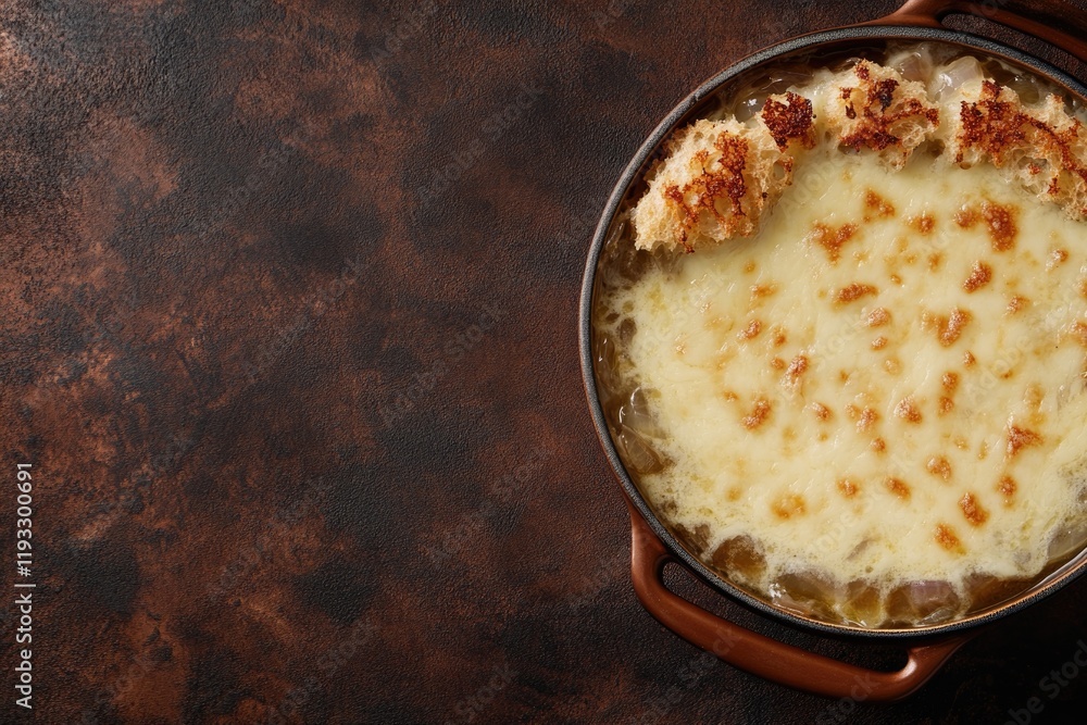 Poster top-down view of french onion soup with melted cheese and crispy bread topping set on deep brown bac