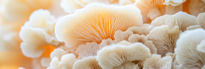 Mesmerizing close up of vibrant white oyster mushrooms with intricate details