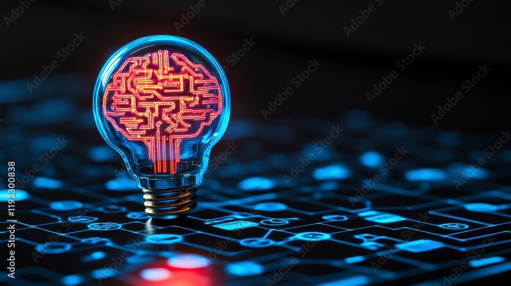 Poster illuminated light bulb with intricate brain circuitry design against a dark digital background showc