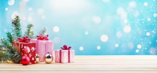 Christmas Gift Composition Festive Presents, Blue Bokeh Background, Wooden Table Christmas, Holiday